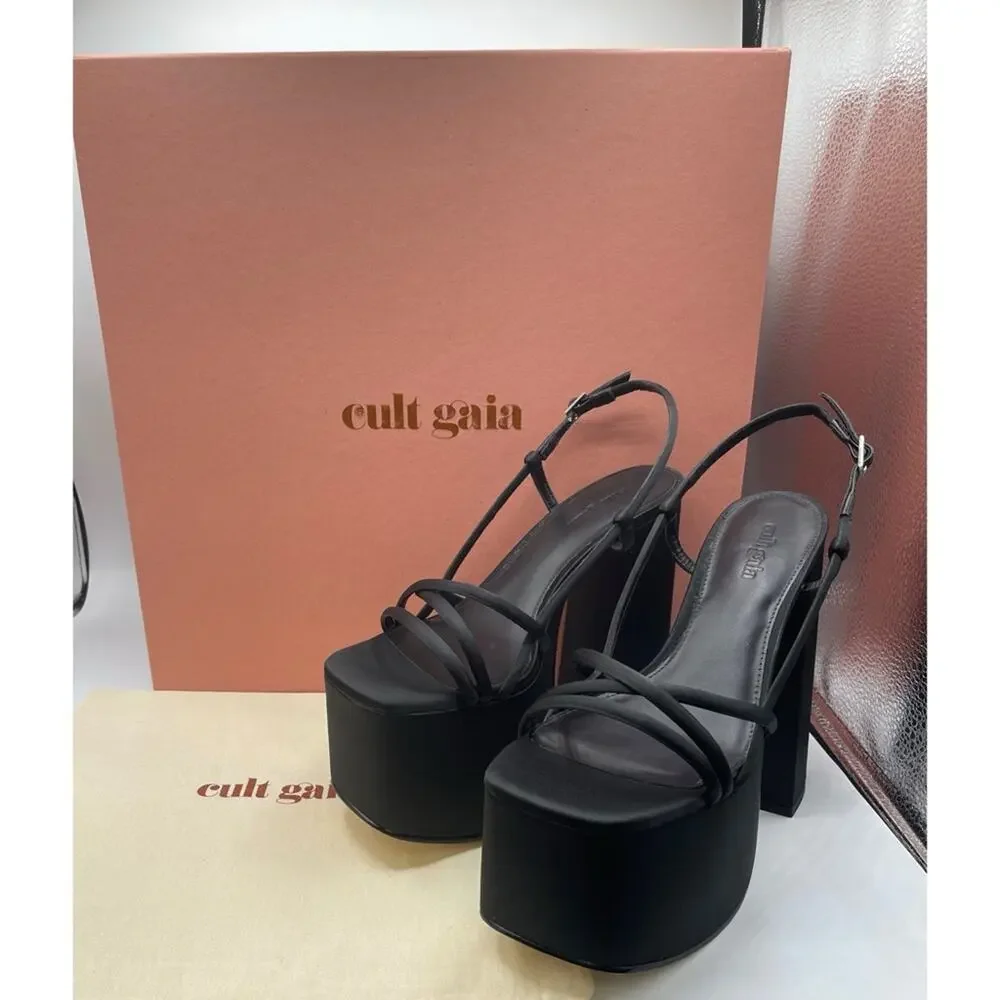 CULT GAIA Moriah Satin Strappy Black Platform Heels Size 7.5